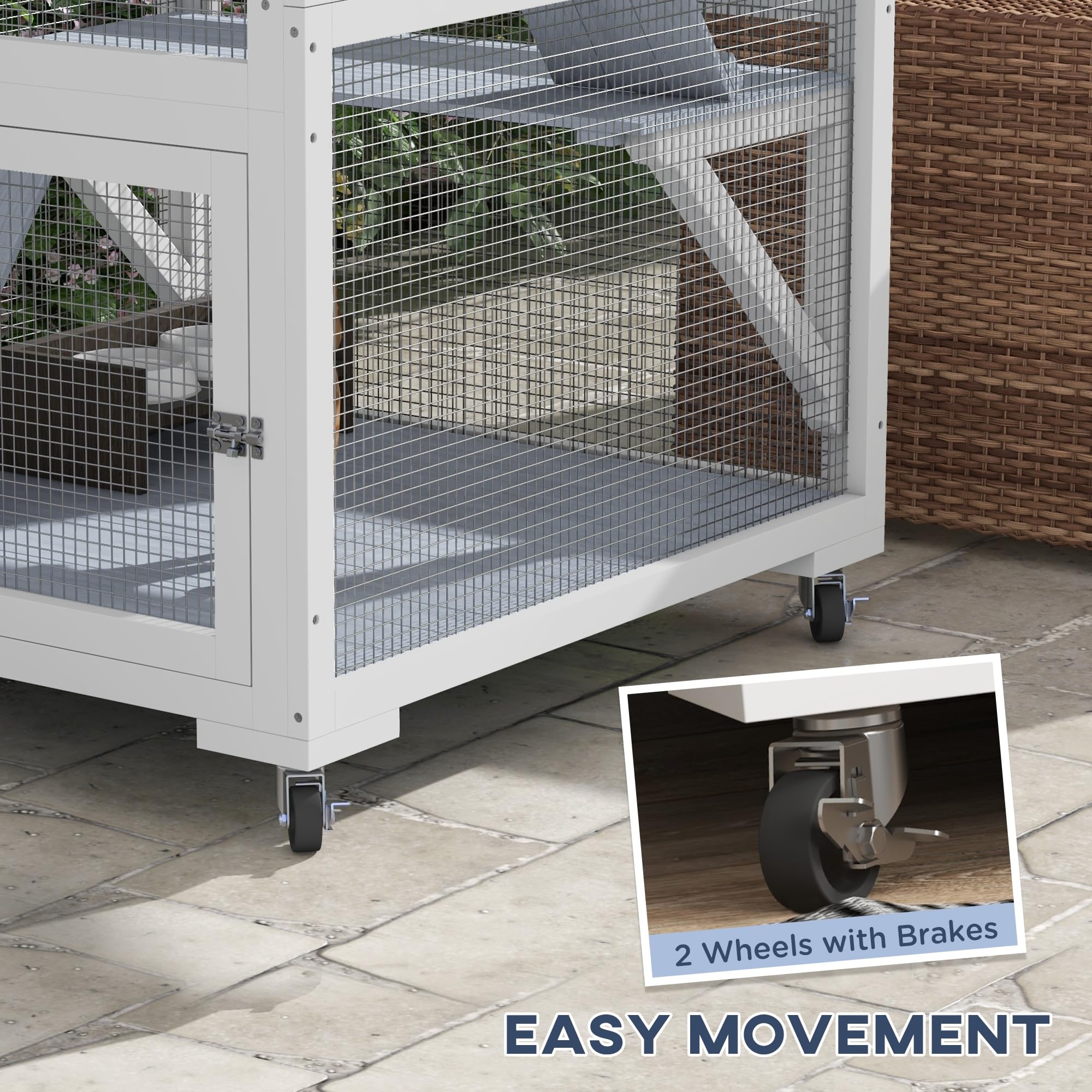 Pawhut Catio, Outdoor Cat Enclosure House, Wooden Feral Cat Shelter On Wheels, Cat Cage With Hammock, Platforms Ramps, And Weath